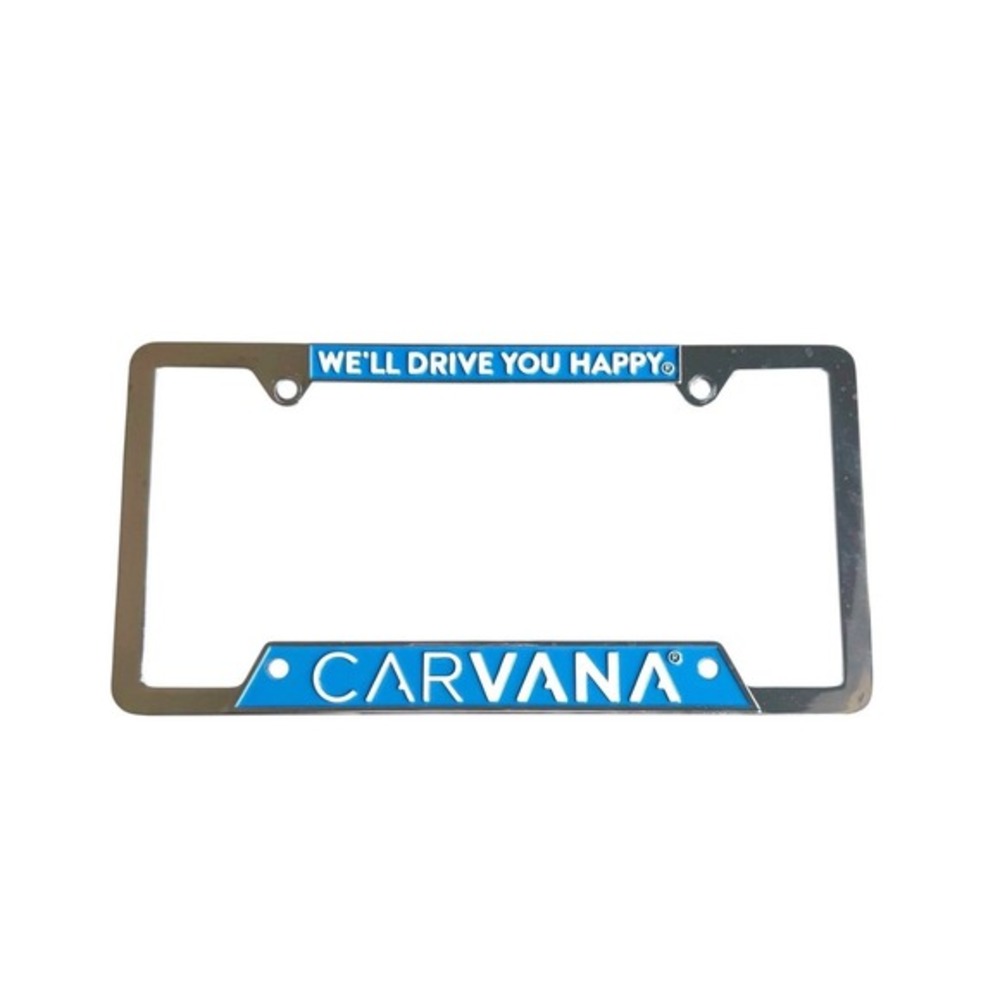 Carvana License Plate Frame Silver Blue We'll Drive You Happy Metal Chrome